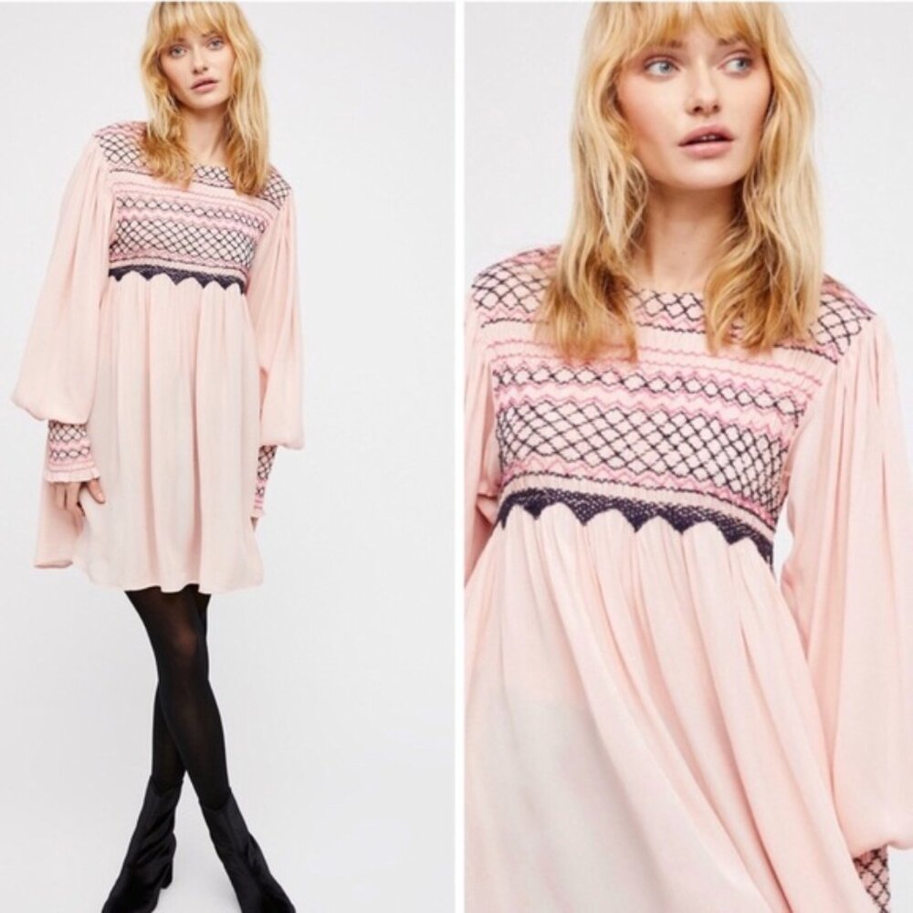 Free People Dress Medium Pink Navy Smocked Embroidered Keyhole Late Night Picnic